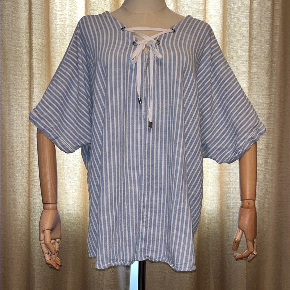 Arna York Collection Blue and White Striped V Neck Tie Top Women's 26-28